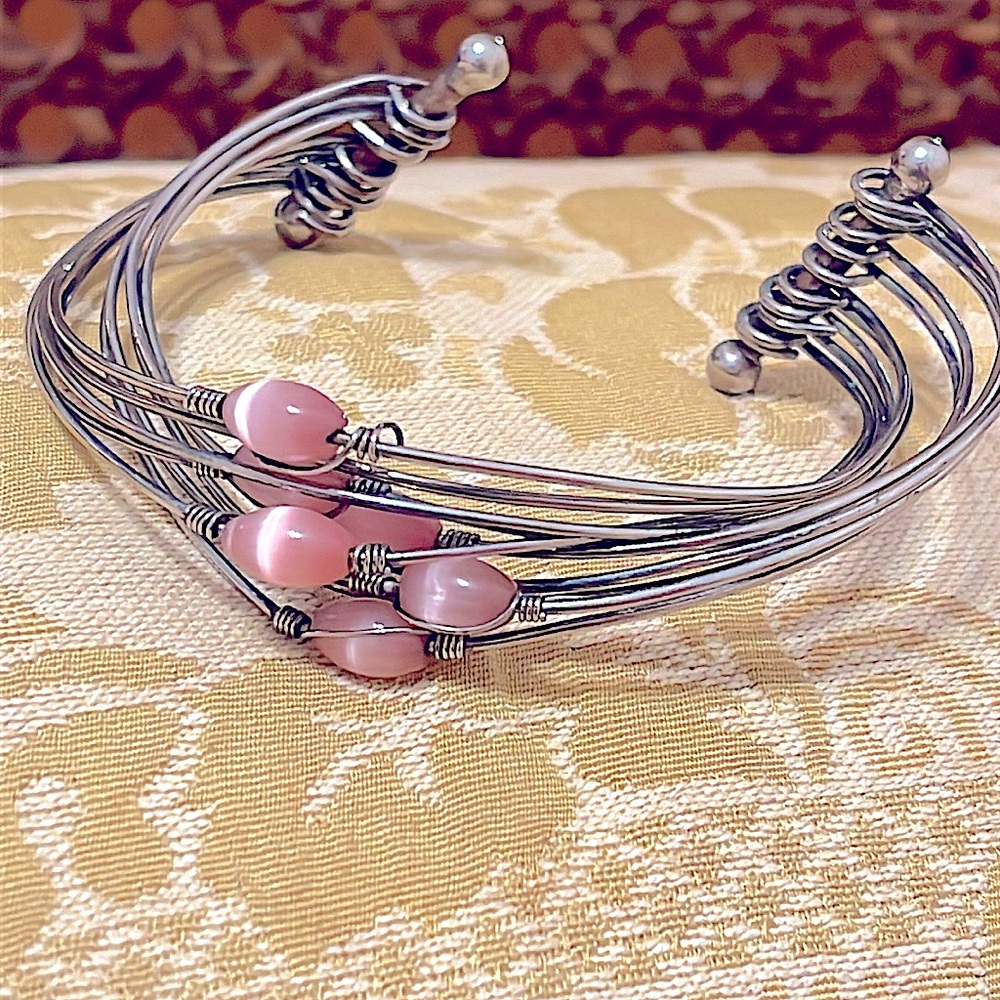Pink moonstone bead silver multi-strand bracelet